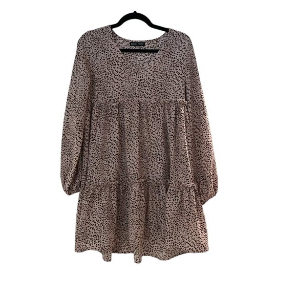 Women's Shein Brown Leopard Flowy V-Neck Ruffled Tunic Dress Size Small - Picture 2 of 5